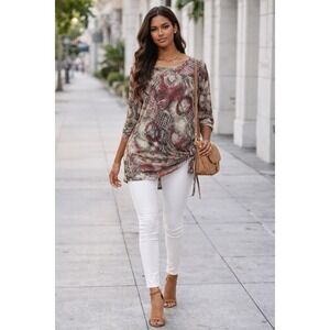 N Touch Top Womens L Abstract Print Boho Artsy Everyday Y2K Asymmetric Blouse